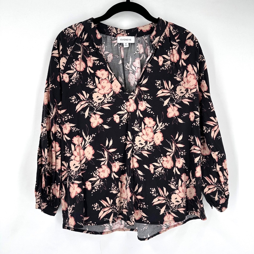Evereve Floral Blouse sz Medium Black Pink Split Neck Boho Romantic Cottagecore